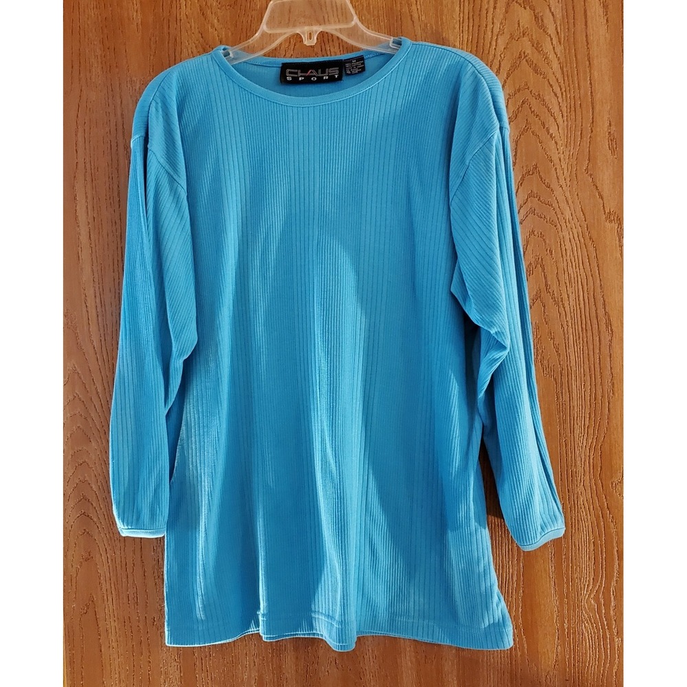 Chaus Sport size M Womens Long Sleeve Top Blue Green Shirt vintage shoulder pads